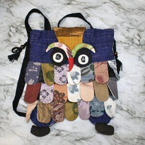 ARTISAN Backpack Owl Denim Purse Hobo Boho Blue Jean Fabric Handmade Bag